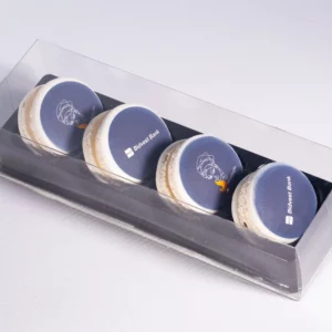 Personalised macarons in a box created by OhMyCake for corporate orders such as Bidvest Bank.